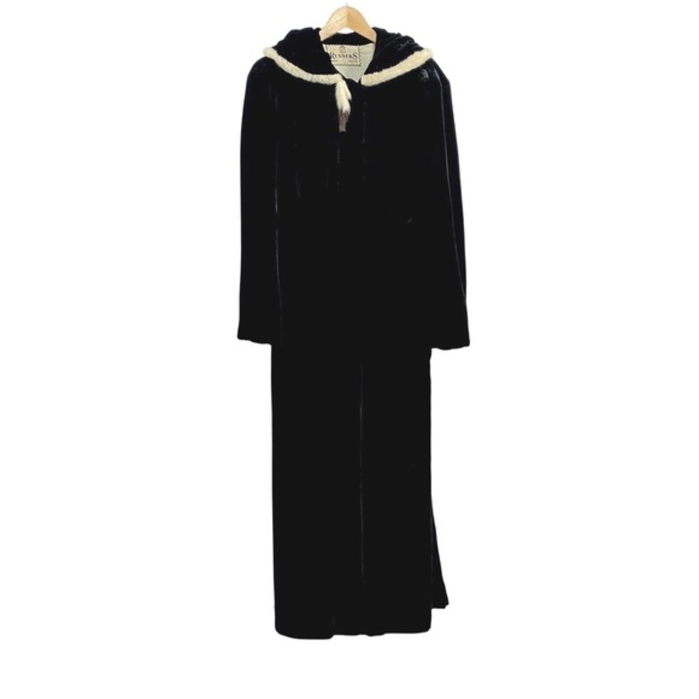 Russeks New York Womens 1920s Velvet Fur Trim Hooded Cape Cloak Coat sz‎ M Black